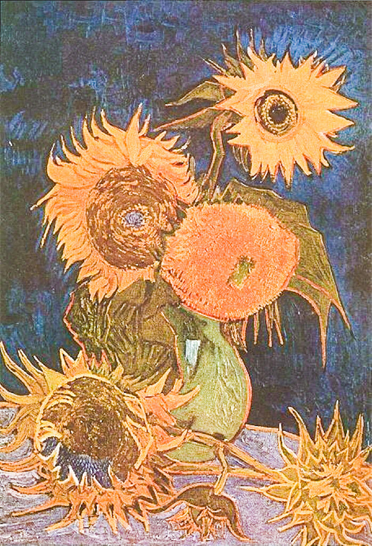 Still Life Vase With Five Sunflowers